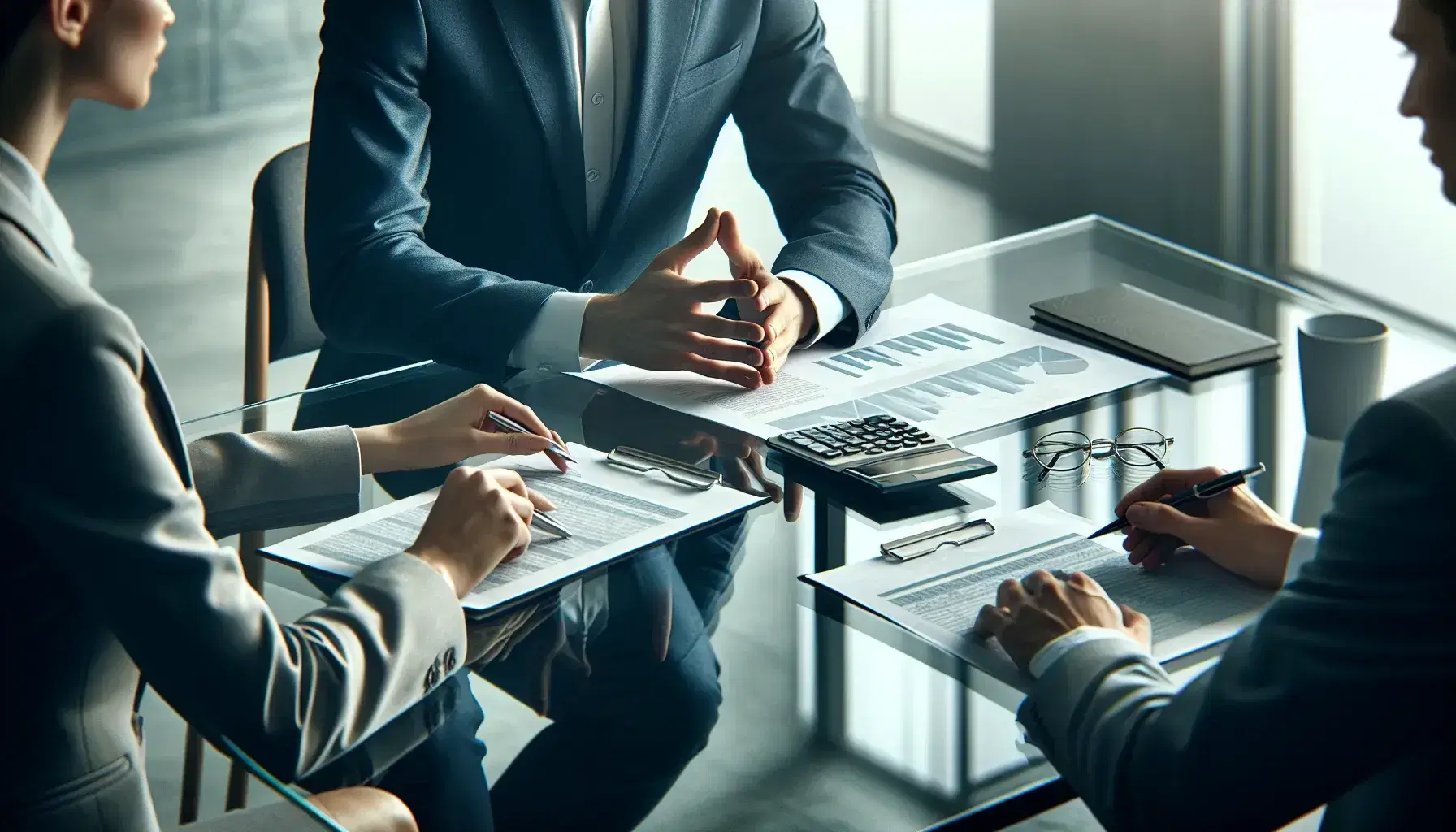 Three professionals engaged in a financial review around a glass table with documents, a calculator, and a potted plant in a well-lit office setting.