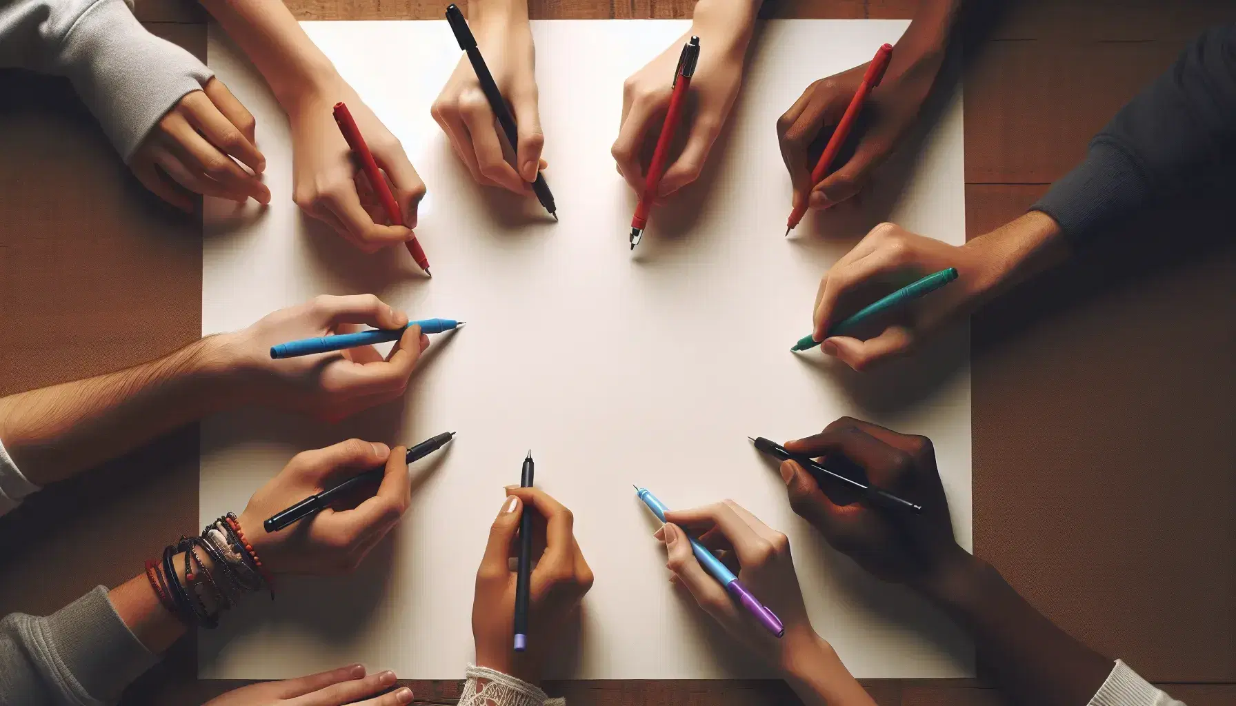 Multicultural hands holding colorful pens over blank paper, symbolizing diversity and collaboration in creativity or planning.