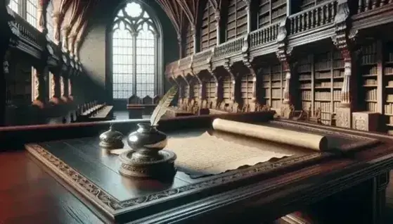 Biblioteca antica con scrivania in legno lucido, calamaio d'argento con piuma d'oca e pergamena avorio, scaffali colmi di libri rilegati e finestra ad arco.