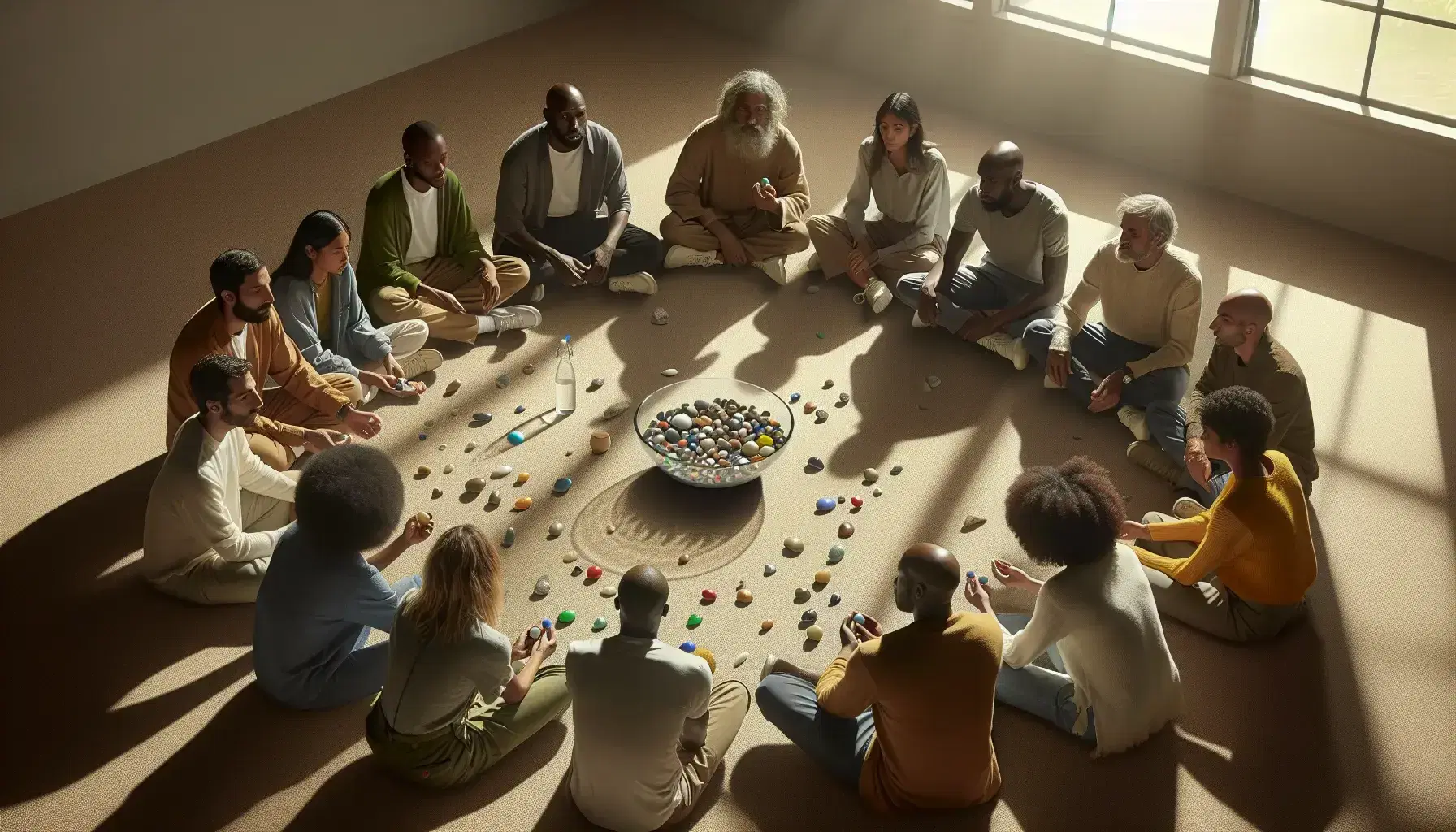 Multi-ethnic group in circle actively discussing with colored stones in glass bowl in the center, in bright and neutral environment.