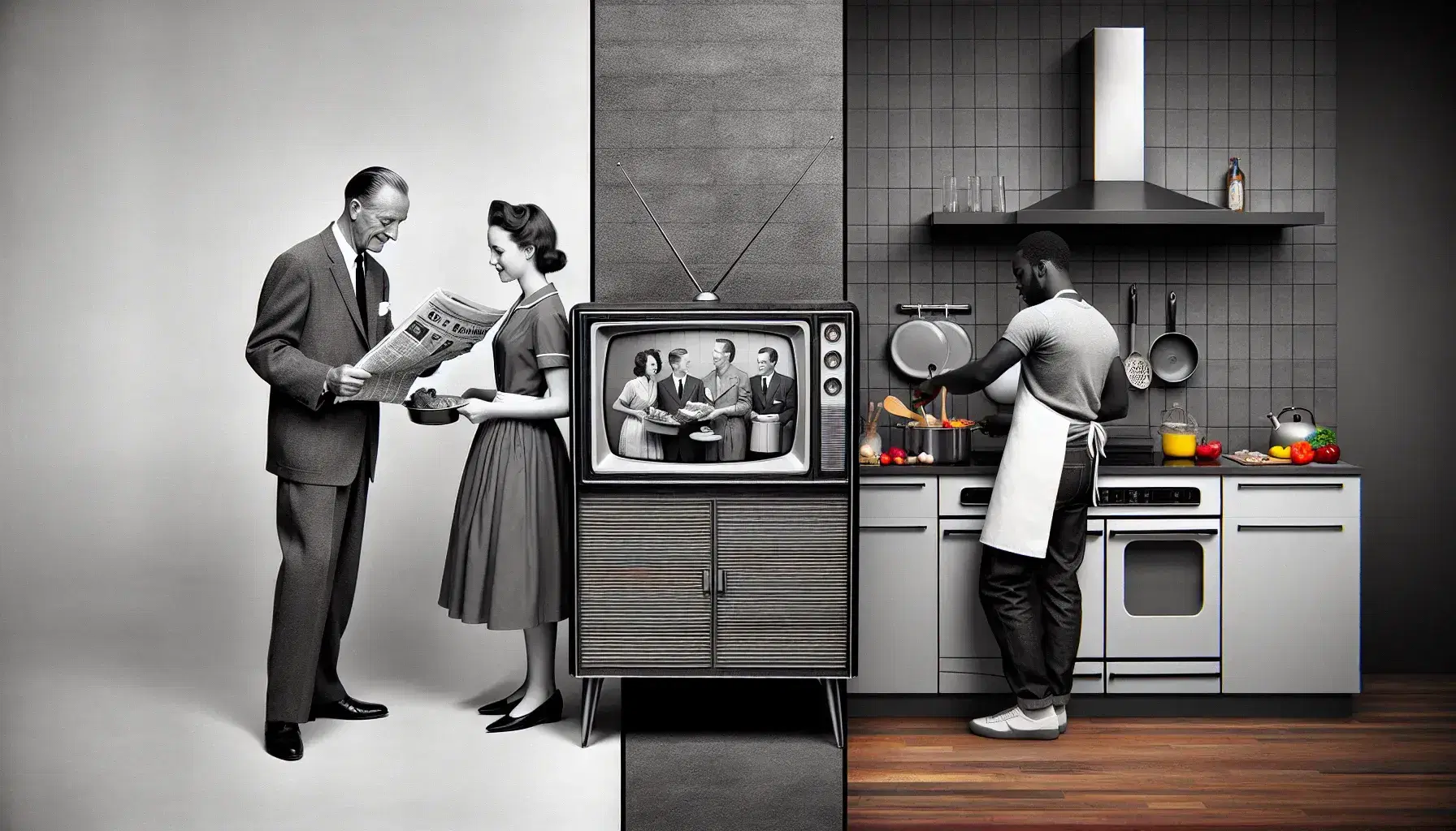 Vintage black and white television shows man in suit and woman in 1950s kitchen, next to modern color TV with multi-ethnic couple cooking together.