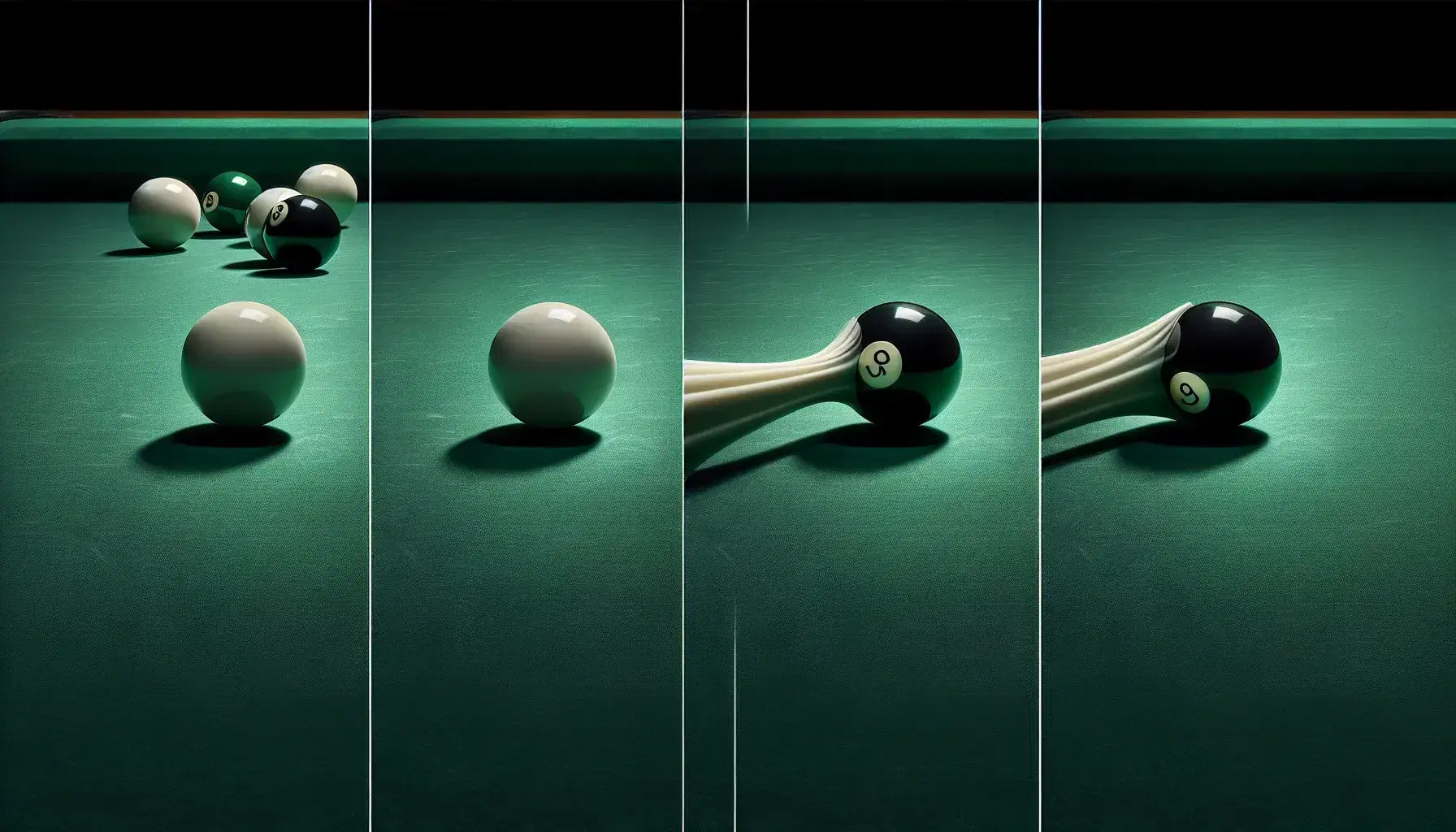 Secuencia de tres fotos mostrando colisión entre bolas de billar blanca y negra sobre paño verde, capturando el momento antes, durante y después del impacto.