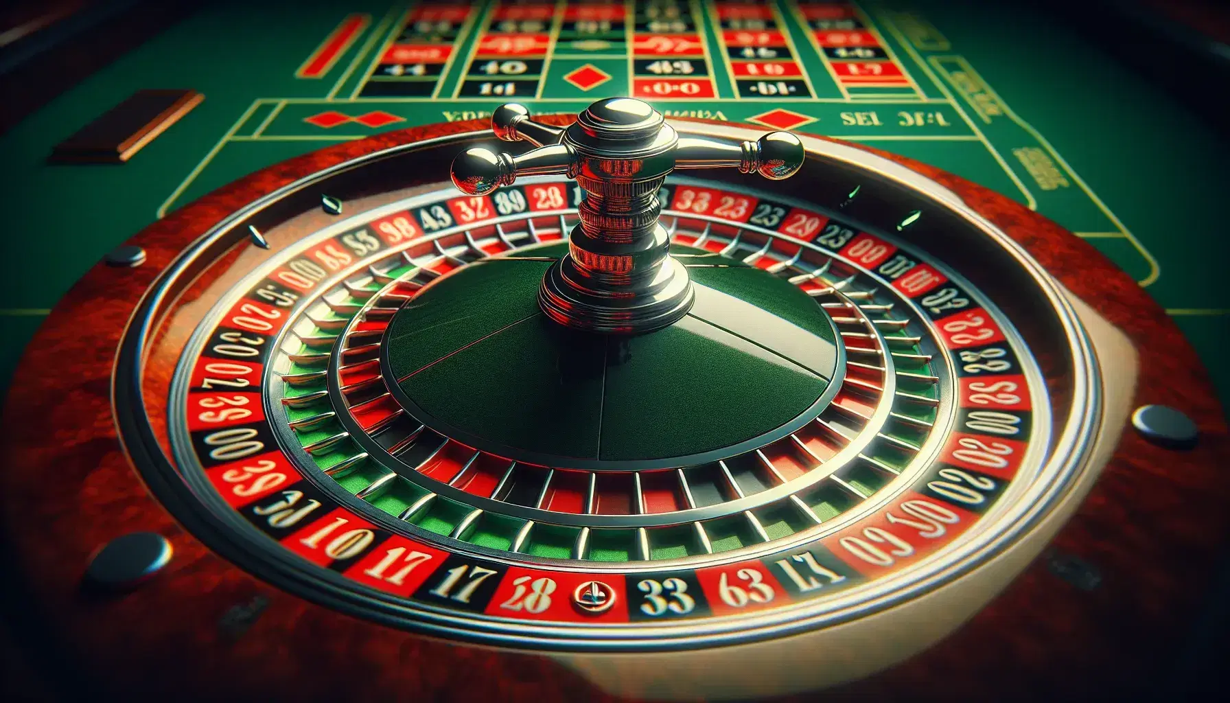 Spinning roulette wheel with alternating red and black pockets and a green zero, motion blur evident, set against a green baize background.
