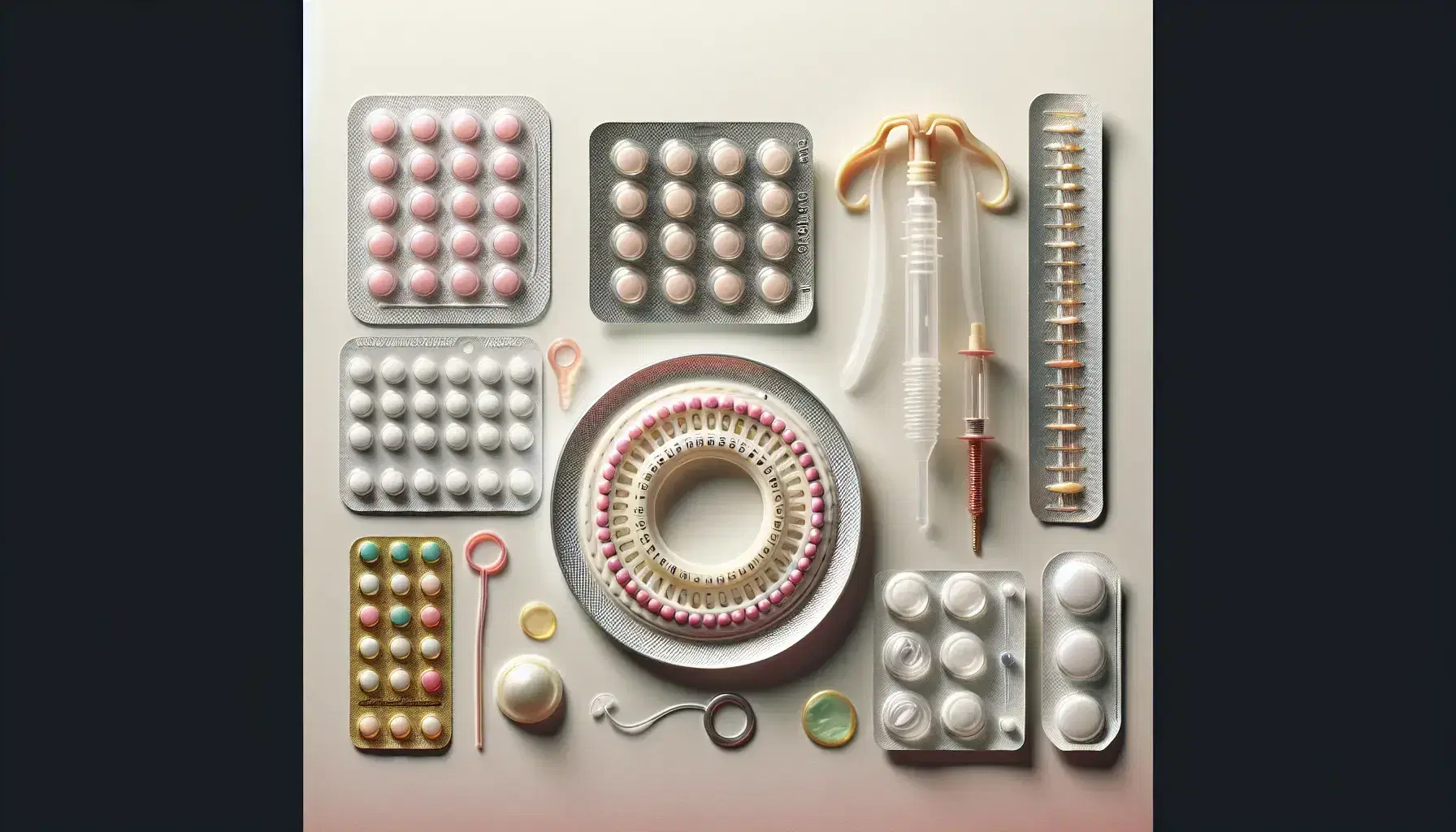 Assorted contraceptives including oral pills in blister packs, copper IUD, unrolled latex condom, silicone diaphragm, and skin-tone adhesive patch on a light background.