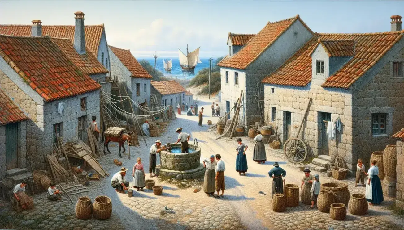 Scena di vita quotidiana in un antico borgo di pescatori con case in pietra, tetti rossi, piazza con pozzo, abitanti in abiti d'epoca e pescatori al lavoro.
