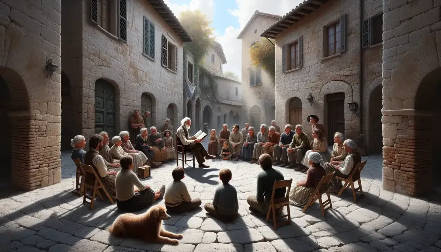 Gruppo di persone ascolta un anziano leggere un libro in una piazza storica italiana, con edifici antichi, sotto la luce solare filtrata dagli alberi.