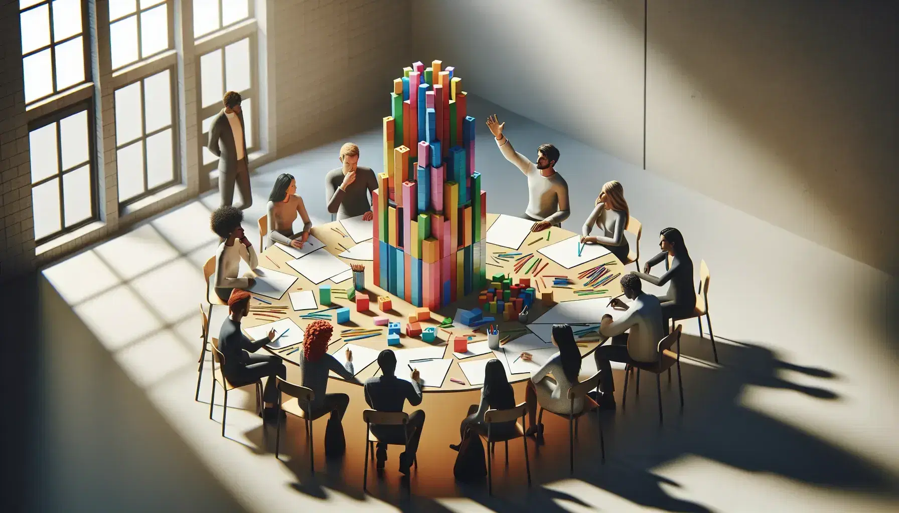Grupo diverso colaborando en una sesión de brainstorming alrededor de una mesa redonda con papeles en blanco, lápices y una estructura de bloques de construcción coloridos en el centro.