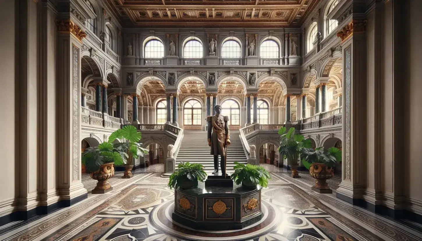 Elegant 19th-century palace hall with high stucco ceiling, mosaic marble floor, bronze military statue on pedestal, grand Y-shaped staircase, and fresco.