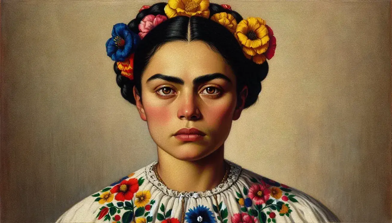 Ritratto di donna messicana con occhi penetranti, capelli intrecciati con fiori vivaci e abito tradizionale ricamato, su sfondo semplice.