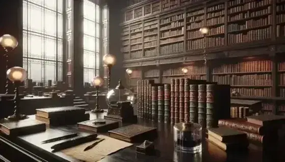 Biblioteca antica con tavolo in legno lucido, libri in pelle, scaffali colmi, lampade vintage e finestra luminosa.