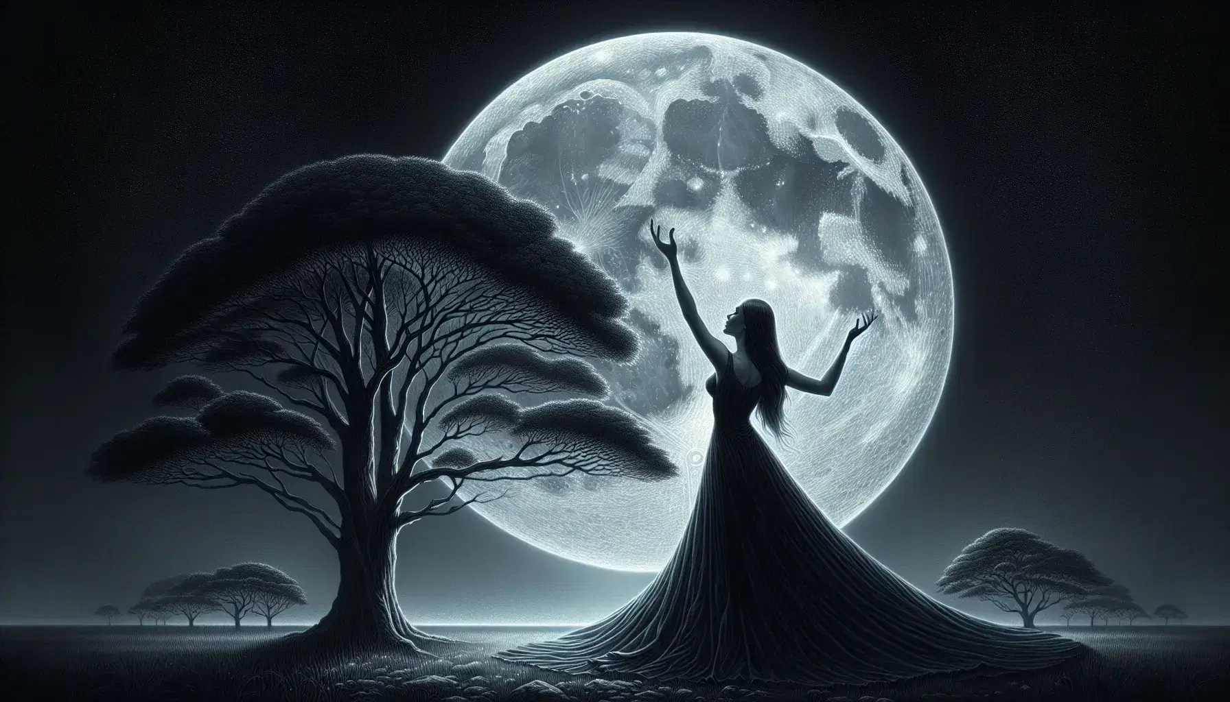 Luna piena luminosa con donna in abito lungo che alza le braccia verso il cielo notturno, contornata da alberi slanciati.