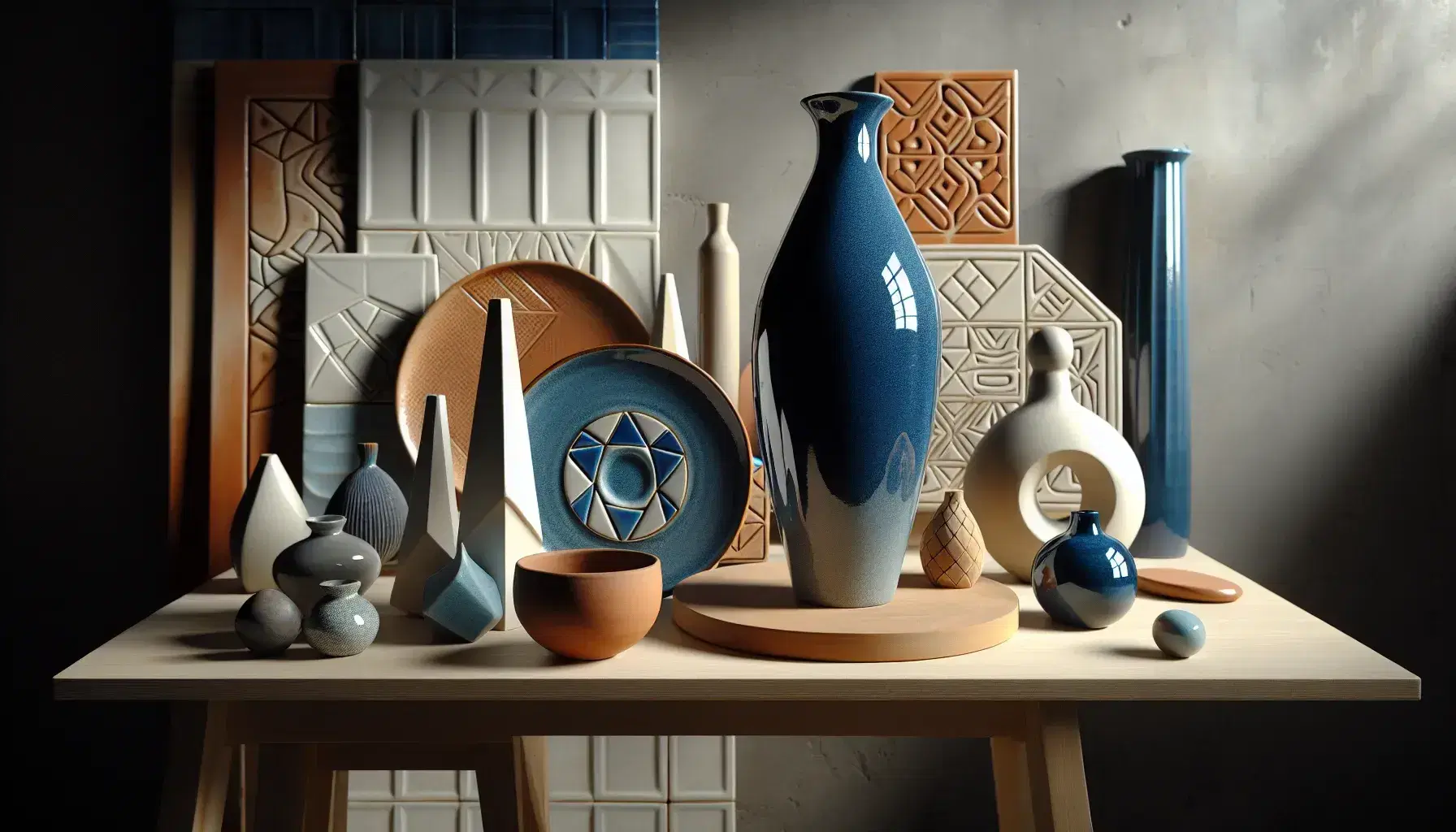 Composizione artistica di oggetti in ceramica su tavolo in legno chiaro con vaso blu cobalto, scultura geometrica bianca e piatto terracotta decorato.