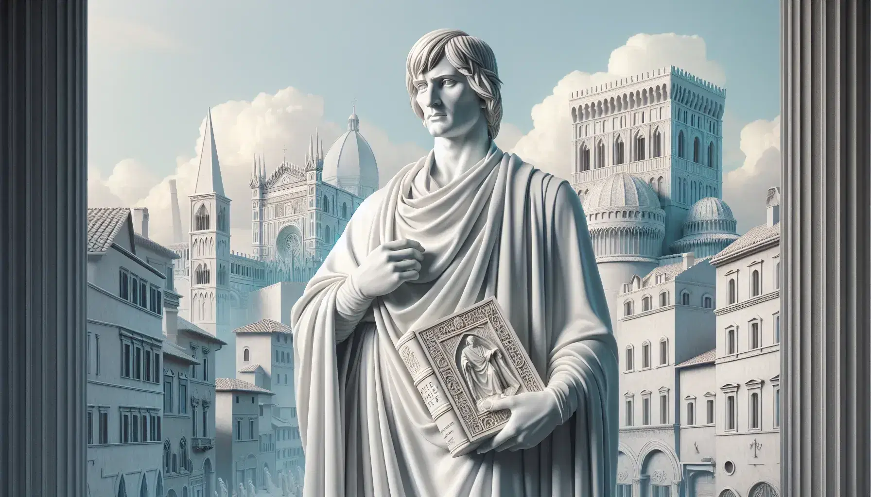Statua in marmo bianco di Dante Alighieri con abito medievale e 'Divina Commedia' in mano, su sfondo di città stilizzata e cielo azzurro.