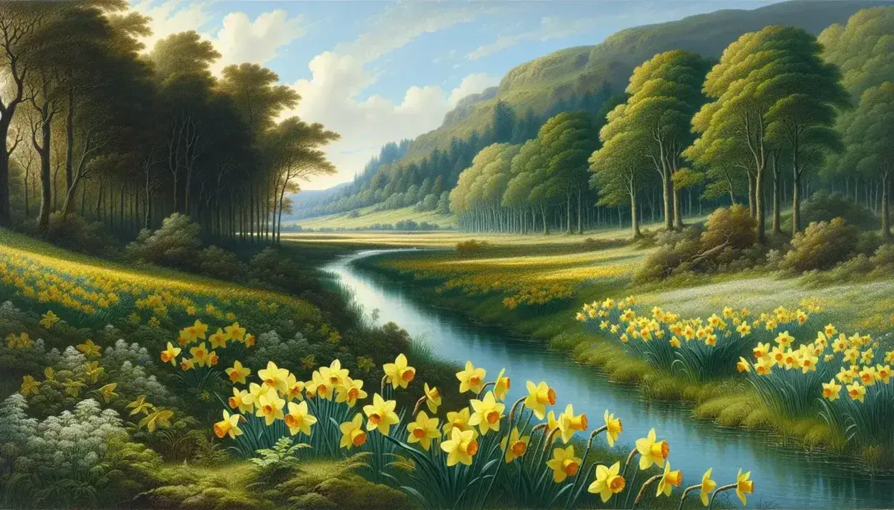 Serene landscape with vibrant yellow daffodils in a lush meadow, a clear stream, leafy green trees, rolling hills, and a light blue sky.