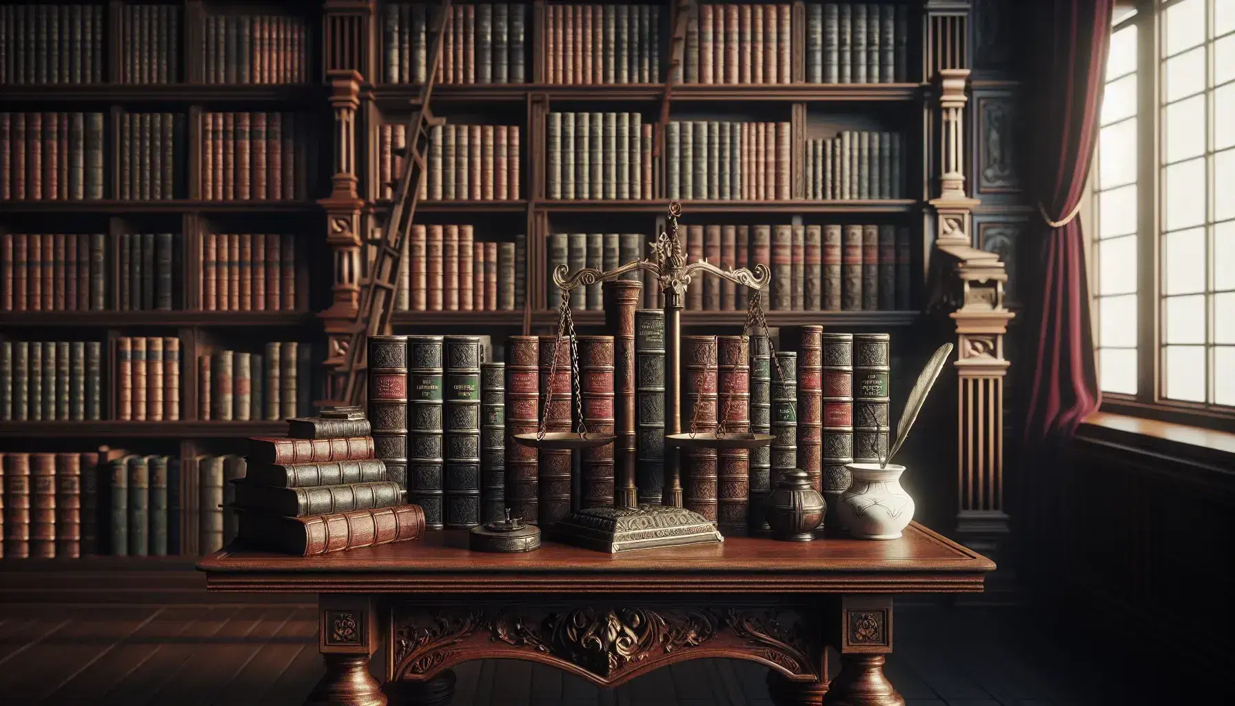 Biblioteca clásica con estanterías de madera oscura llenas de libros encuadernados en cuero, balanza de justicia de bronce y tintero sobre mesa antigua, luz suave filtrándose por cortinas rojas.