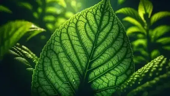 Vibrant green leaf in foreground with network of intricate veins and water droplets, illuminated by natural sunlight against blurred background of green leaves.