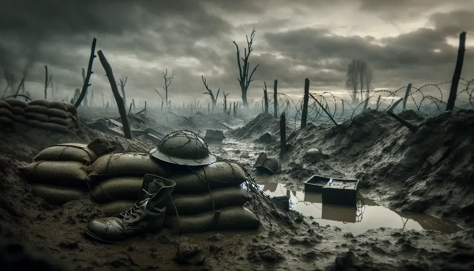 Campo di battaglia della Prima Guerra Mondiale con cielo grigio, trincea danneggiata, elmetto militare e stivale nel fango, alberi spogli sullo sfondo.