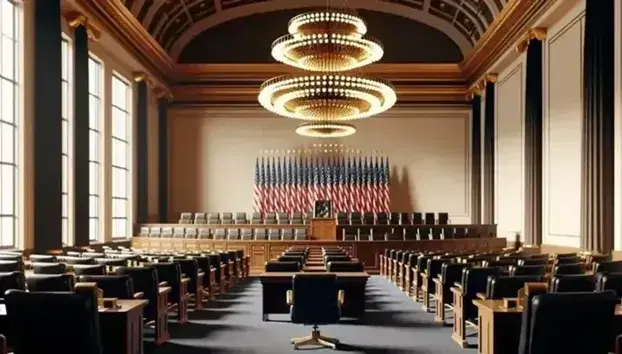 Elegant debate chamber with rows of wooden desks, high ceilings, and a central podium flanked by two national flags on gold poles.