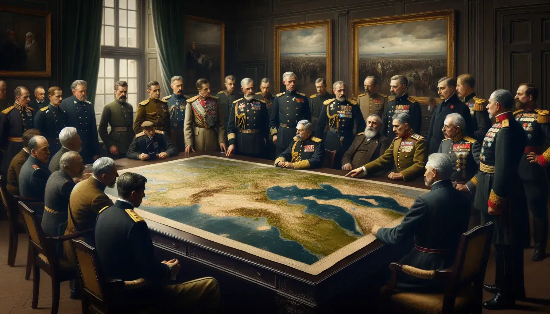Diplomáticos y militares del siglo XX deliberan en torno a un mapa sobre una mesa de madera en una sala con cortinas de terciopelo.
