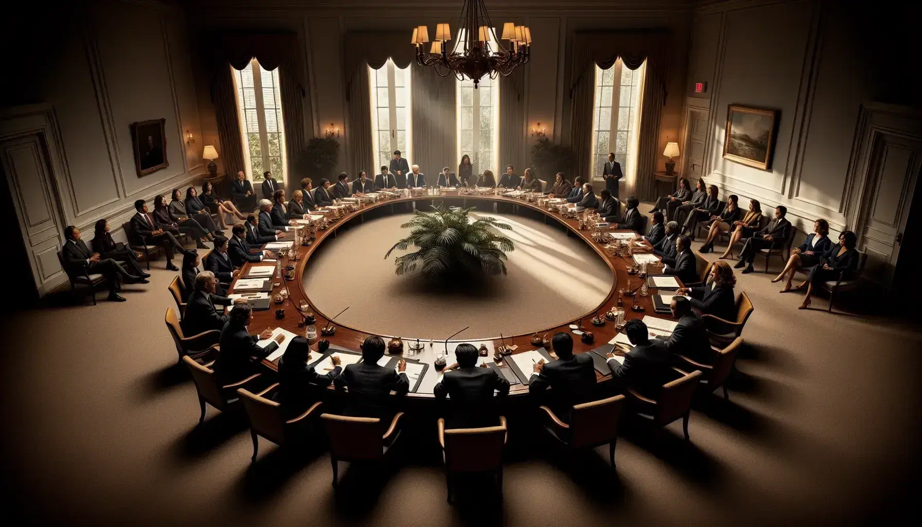 Multi-ethnic Latin American professionals in a lively discussion around an oval conference table with documents, in a well-lit, stylish room.