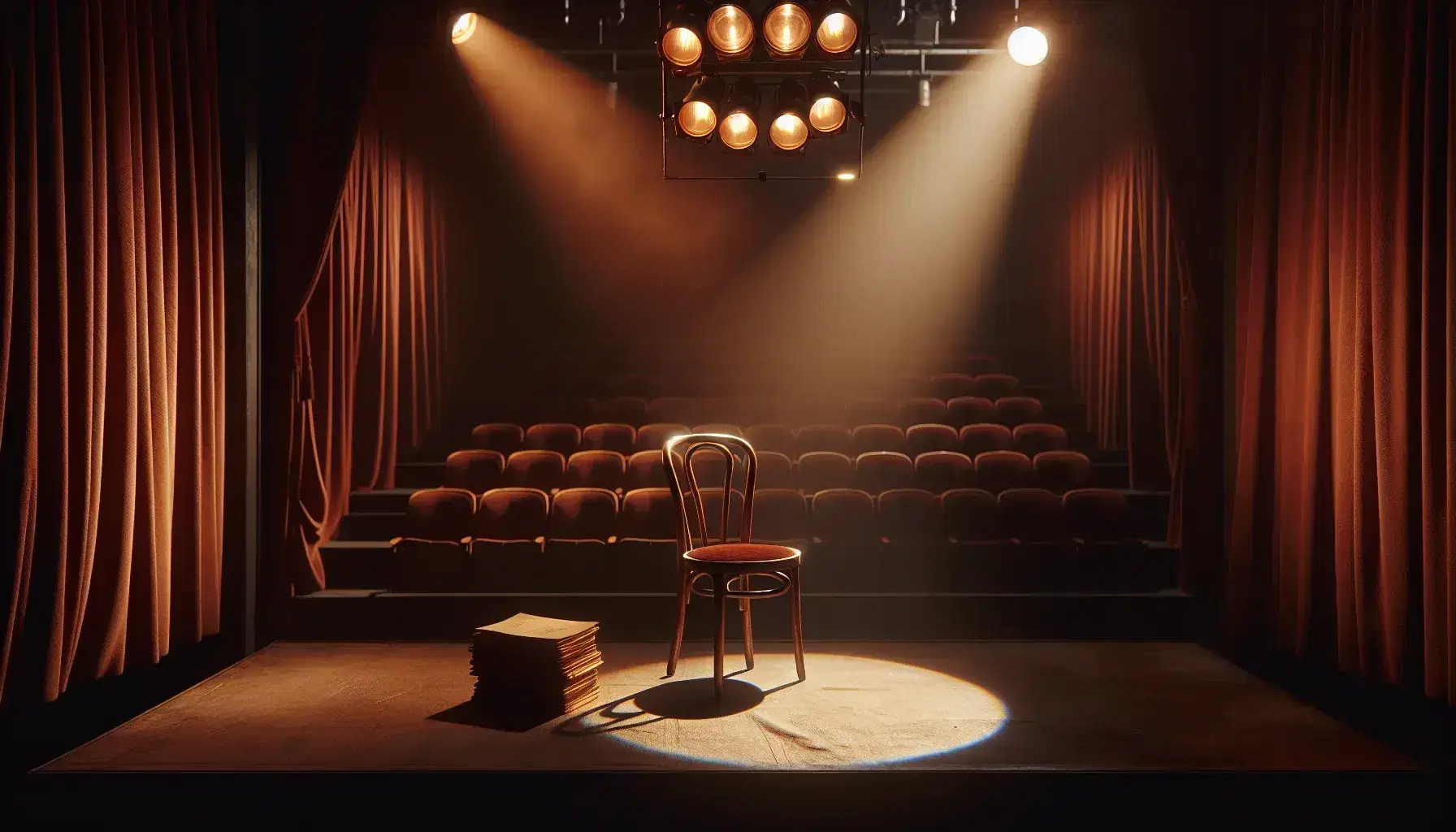 Intimate theater stage with warm lighting, a vintage wooden chair center stage, a stack of scripts, a single spotlight, and plush red curtains.