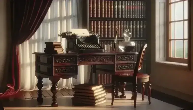 Escritorio de madera oscura con máquina de escribir antigua, tintero de vidrio y pluma estilográfica, rodeado de estantería de libros y silla con cojín de terciopelo.