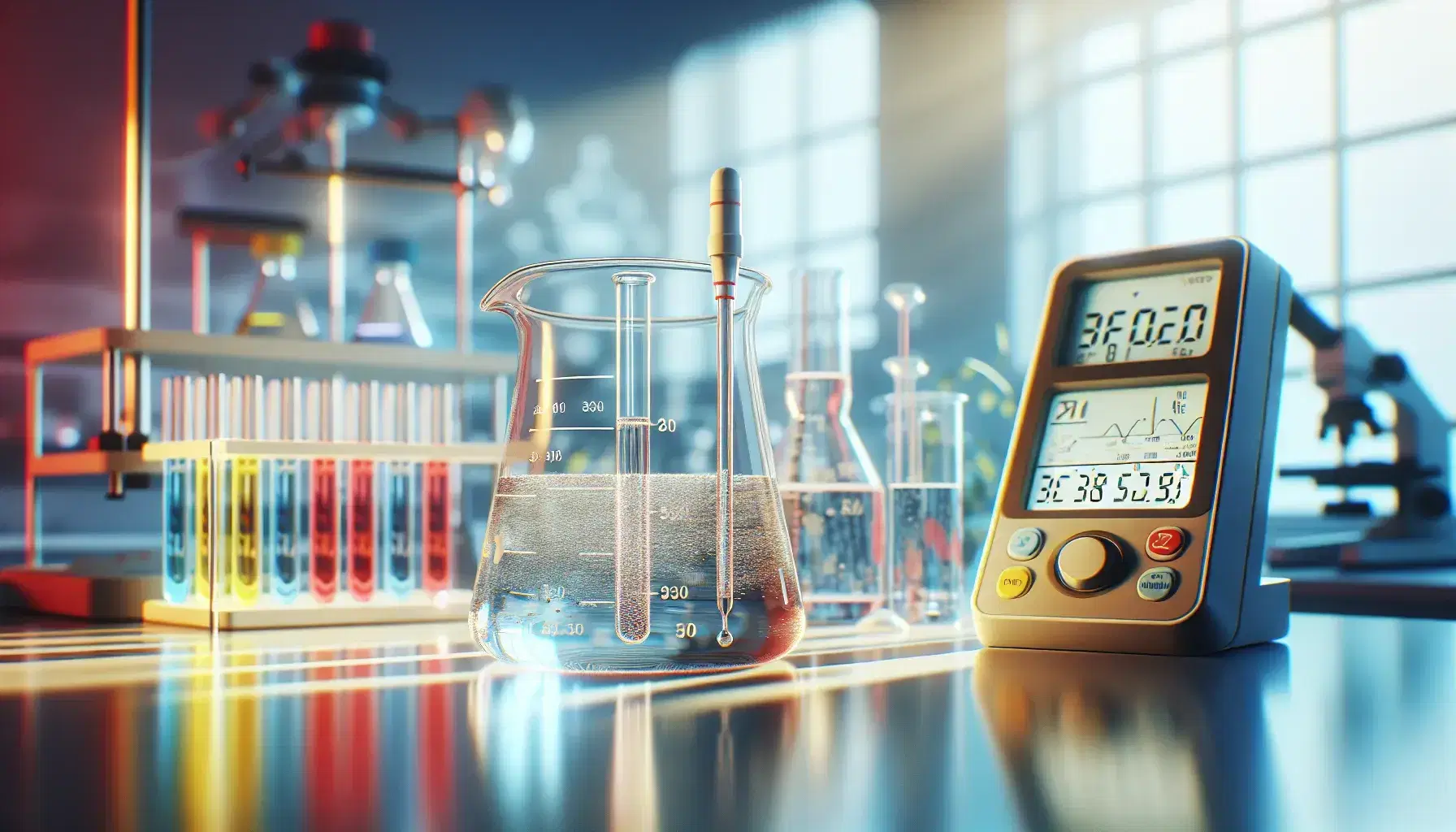 Laboratory with beaker and transparent liquid, immersed pH meter, and test tubes with red, yellow and purple solutions on blurry equipment background.