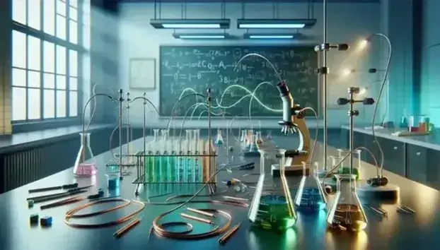 Laboratorio scientifico con becher colorati collegati a circuiti elettrici, microscopio moderno e sperimentazione magnetica sullo sfondo.