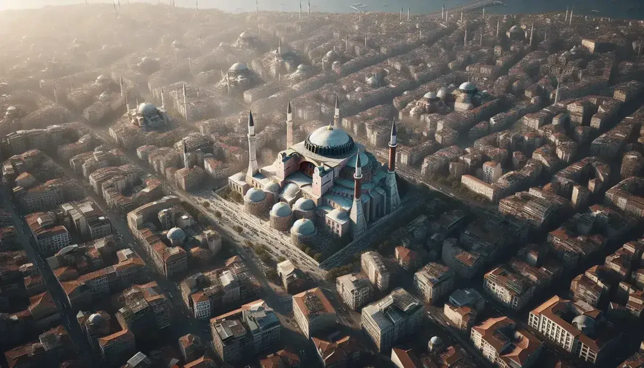 Veduta aerea della Basilica di Santa Sofia a Istanbul, con la sua imponente cupola grigia e quattro minareti, circondata da edifici e strade intrecciate.
