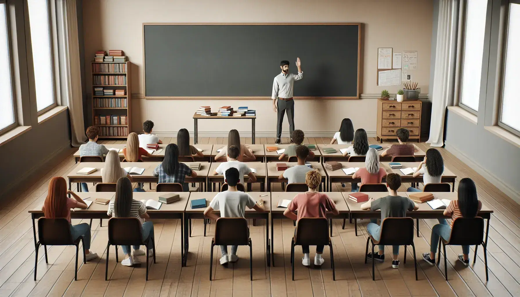 Diverse group of attentive students in a classroom with wooden desks, a South Asian male teacher gesturing to a blank chalkboard, and sunlight from large windows.