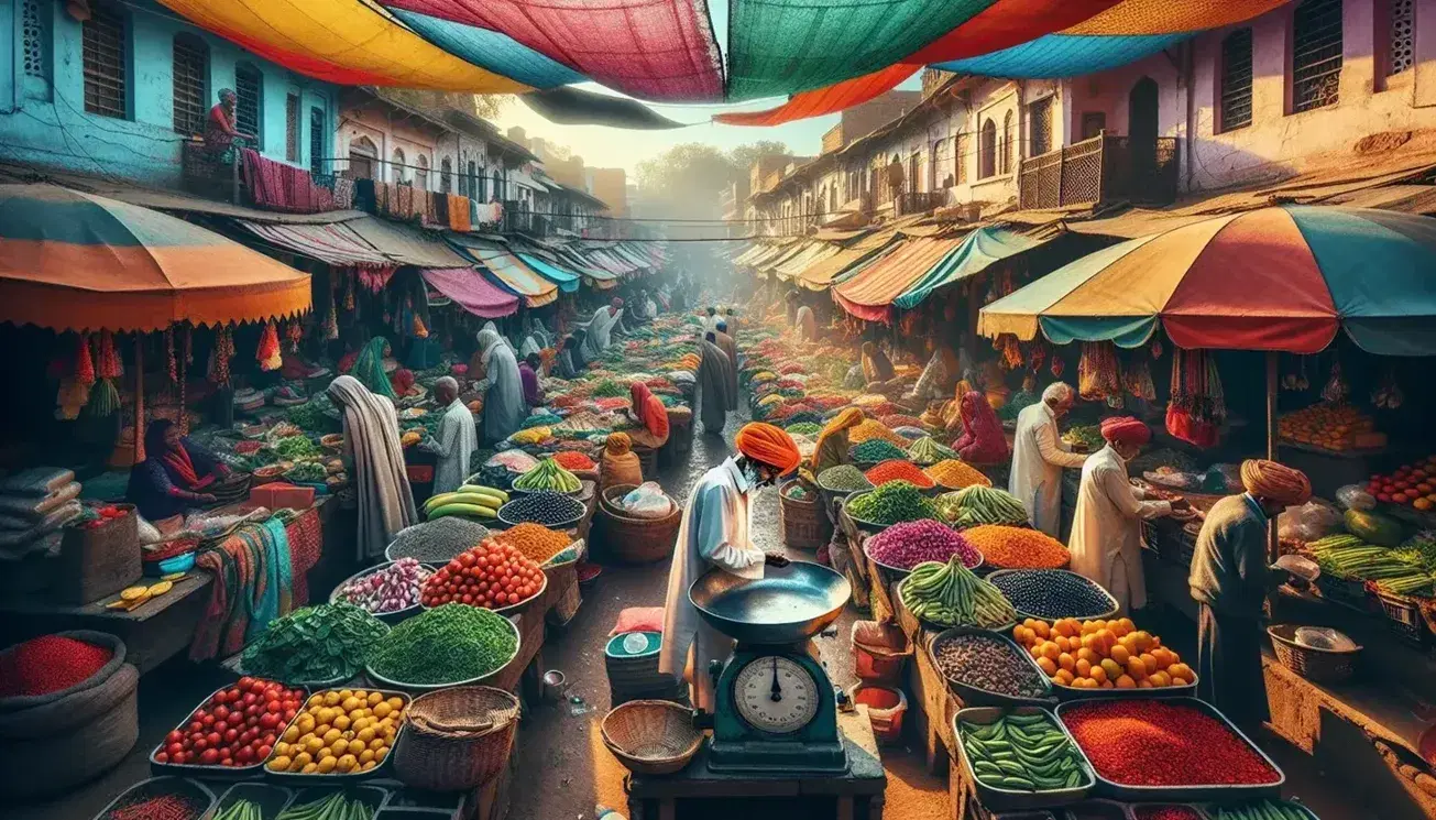 Mercato all'aperto in India con bancarelle colorate, frutta e verdura fresca, venditore con turbante arancione e clienti in abiti tradizionali.