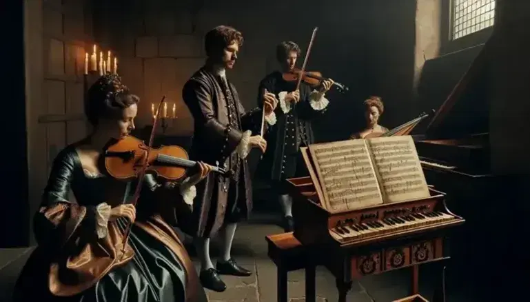 Conjunto de música barroca interpretando en un salón antiguo, con violinista, clavecinista y violagambista en vestimentas de época.