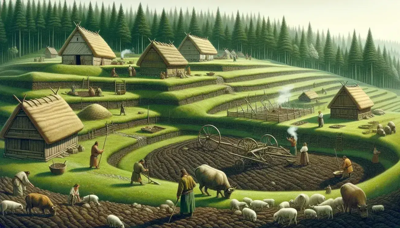Viking-age Scandinavian farmers work terraced fields; hand-sowing seeds, plowing with oxen, and tending sheep near thatched-roof wooden structures.