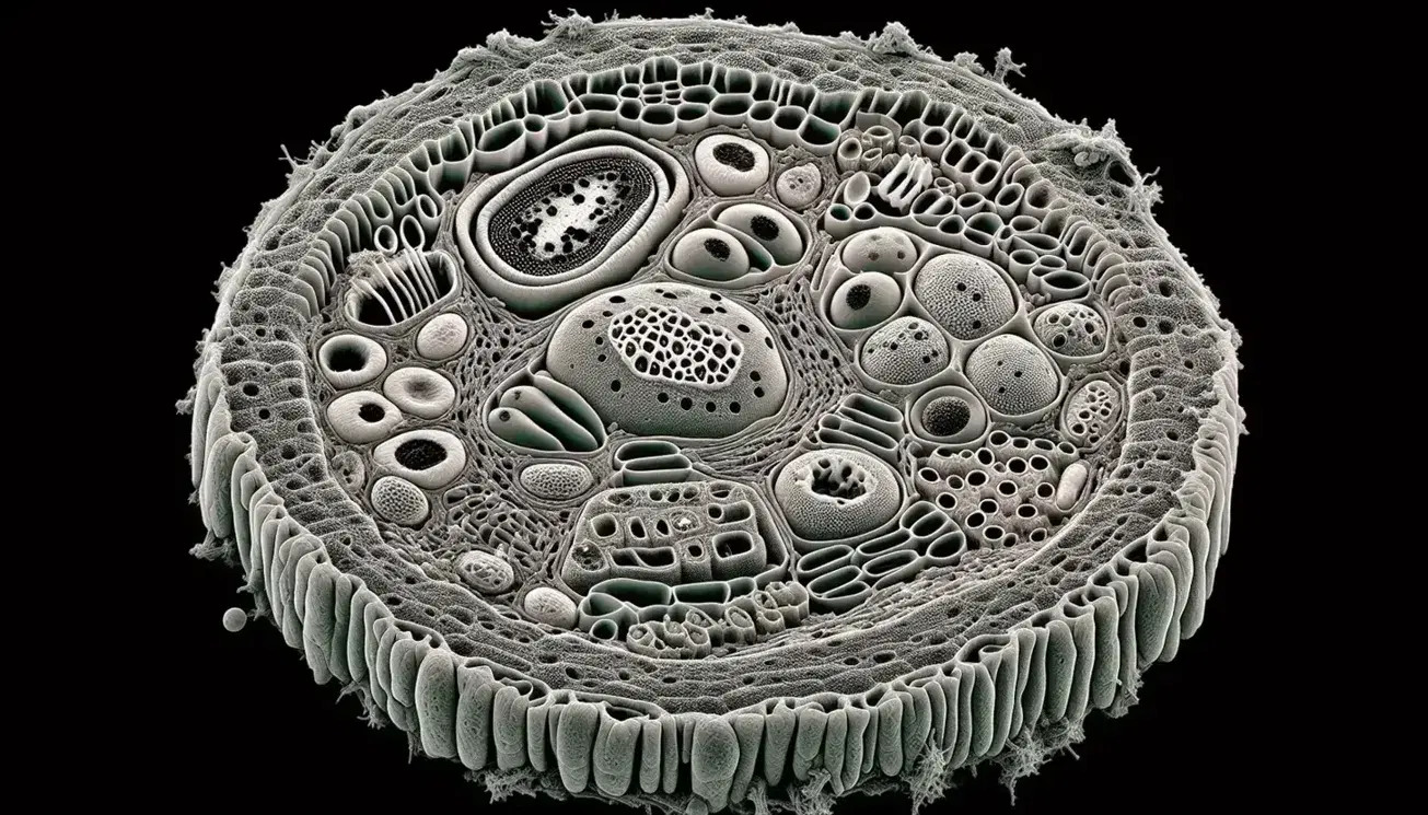 Micrografía electrónica de alta resolución mostrando sección transversal de célula vegetal con núcleo, mitocondrias, cloroplastos, retículo endoplásmico, aparato de Golgi y pared celular.