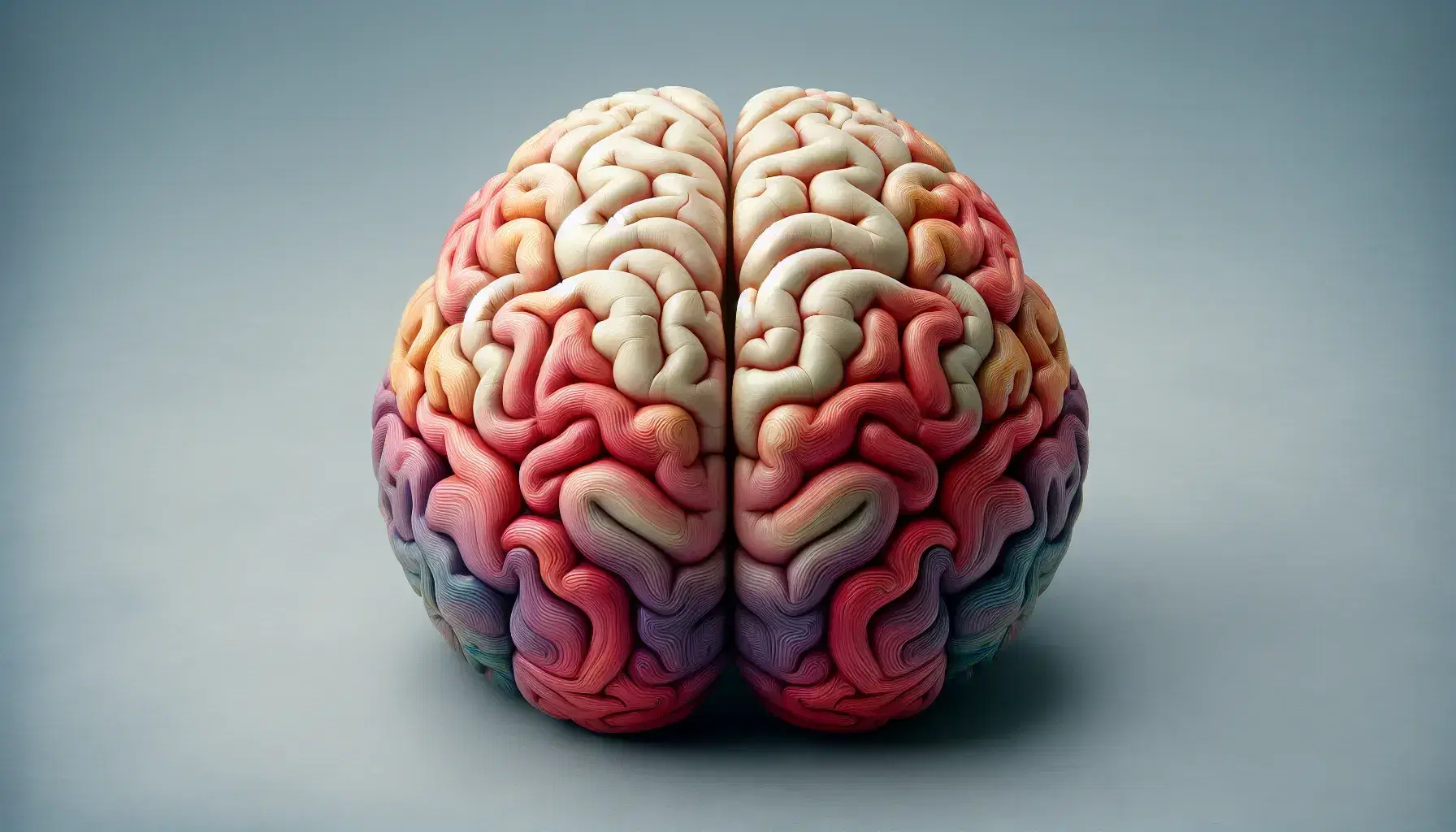Rappresentazione dettagliata e colorata del cervello umano visto dall'alto, con emisferi distinti e superficie cerebrale convoluta su sfondo neutro.