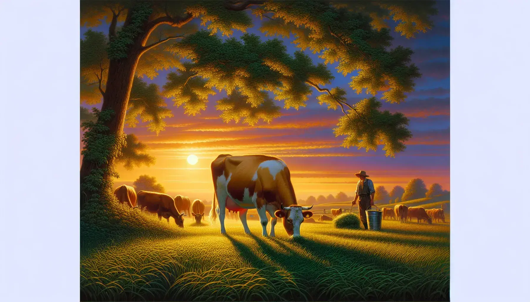 Mucca marrone chiaro con macchie bianche pascola in un campo al tramonto, contadino con secchio e alberi sullo sfondo.