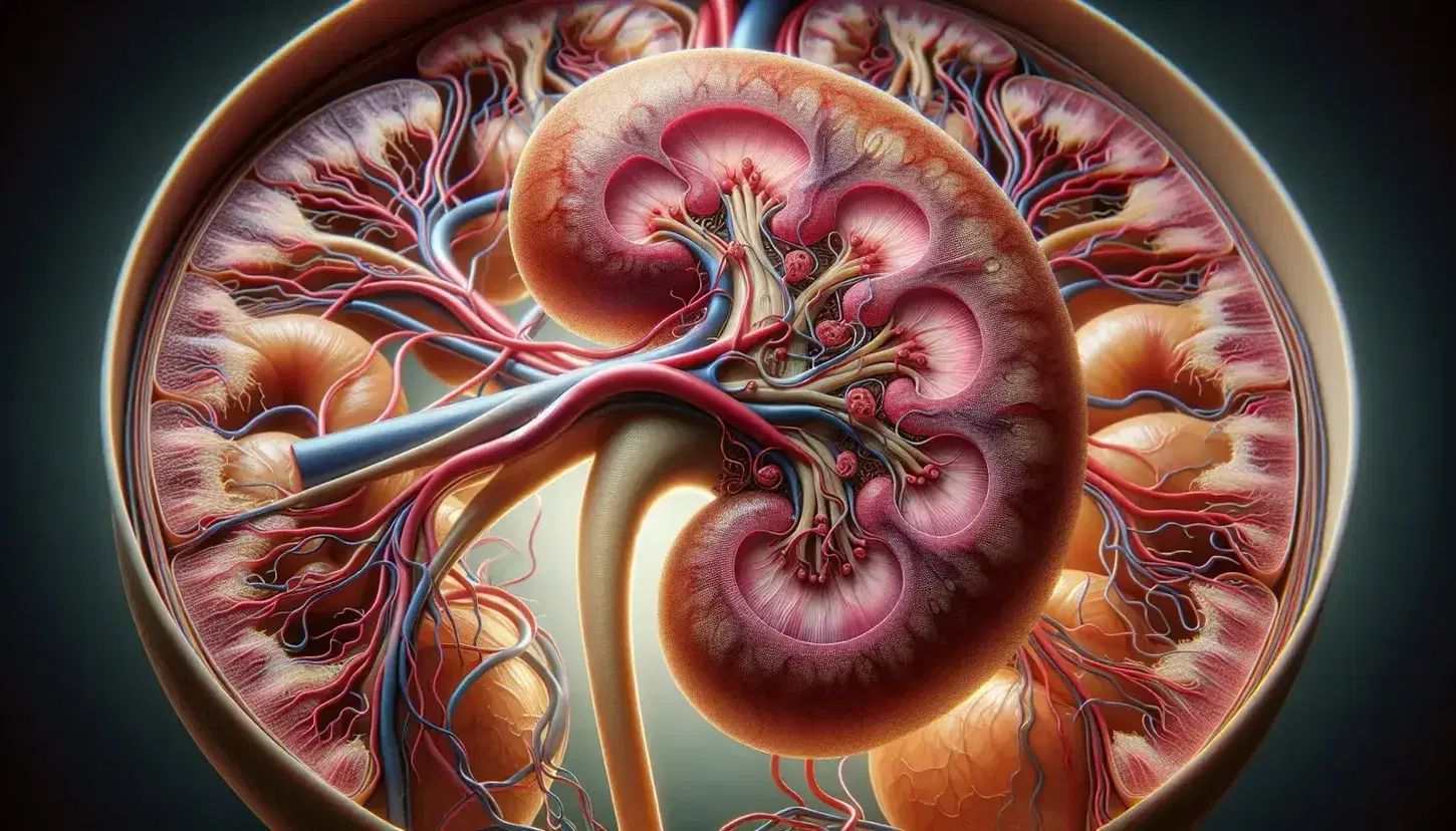 Detailed anatomical illustration of a human kidney with highlighted blood vessels and a magnified nephron showing its complex structure.