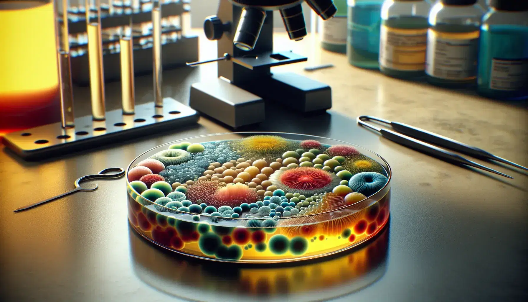Colorful bacterial colonies in a petri dish on a lab bench with a microscope and lab tools in the background, indicating a microbiology research setting.