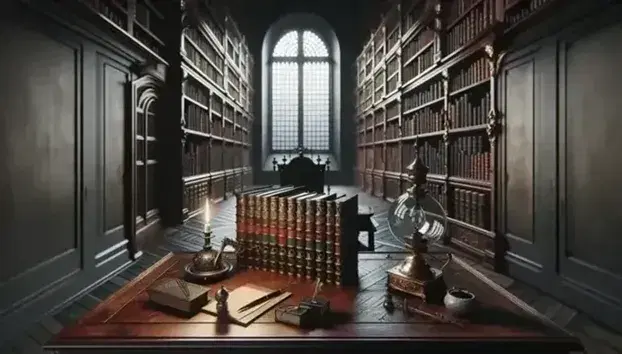 Biblioteca antica con scrivania in legno scuro, libri rilegati, calamaio d'argento, penna e lampada ad olio, scaffali pieni e pavimento a spina di pesce.