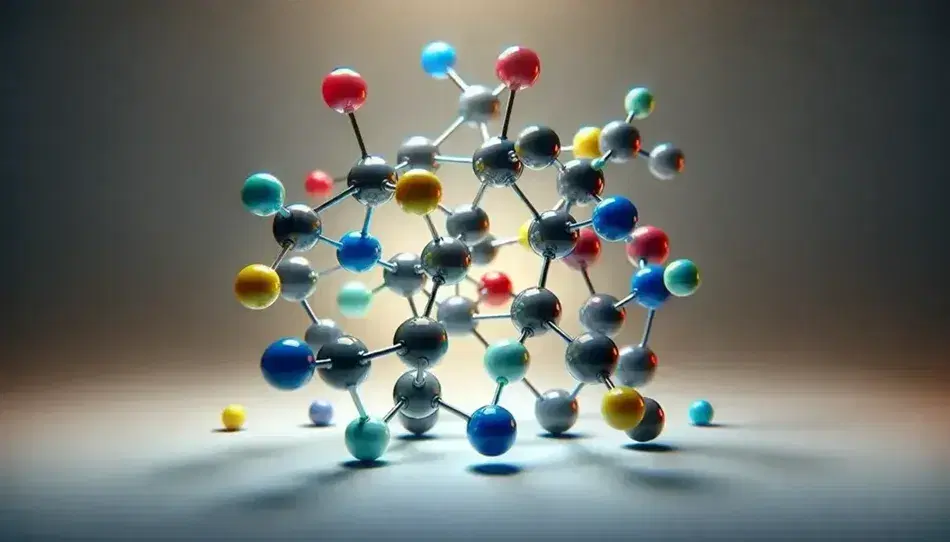 Estructura molecular tridimensional con esferas de colores y varillas que simulan enlaces químicos, sobre fondo neutro desenfocado.