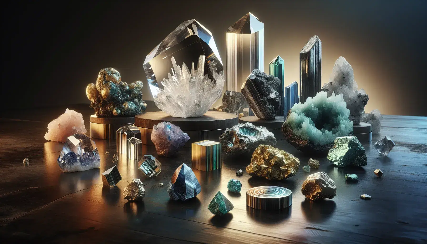 Collezione di minerali su superficie in legno scuro con quarzo trasparente, pirite dorata, oro nativo, azurite blu, malachite verde e galena grigia.