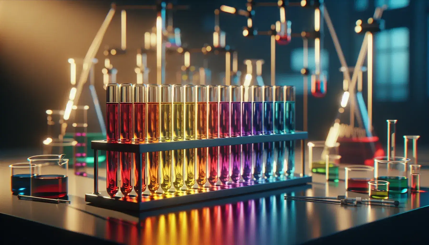 Provette in vetro con soluzioni colorate in sfumature arcobaleno in un portaprovette metallico su sfondo sfocato di laboratorio.