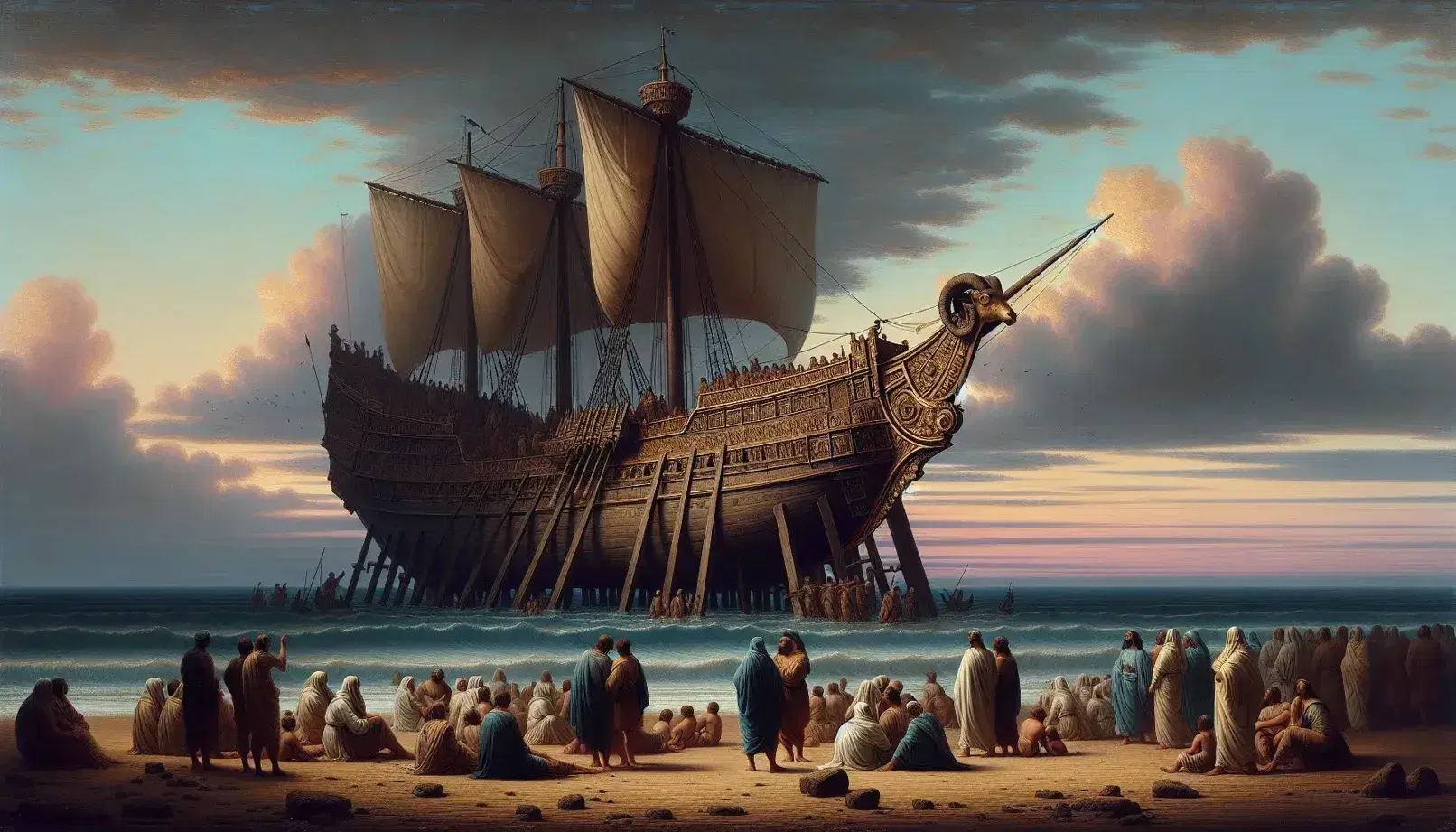 Nave in legno con dettagli in bronzo attraccata su spiaggia al tramonto, vele abbassate, figure umane in tuniche, oggetti antichi in primo piano.