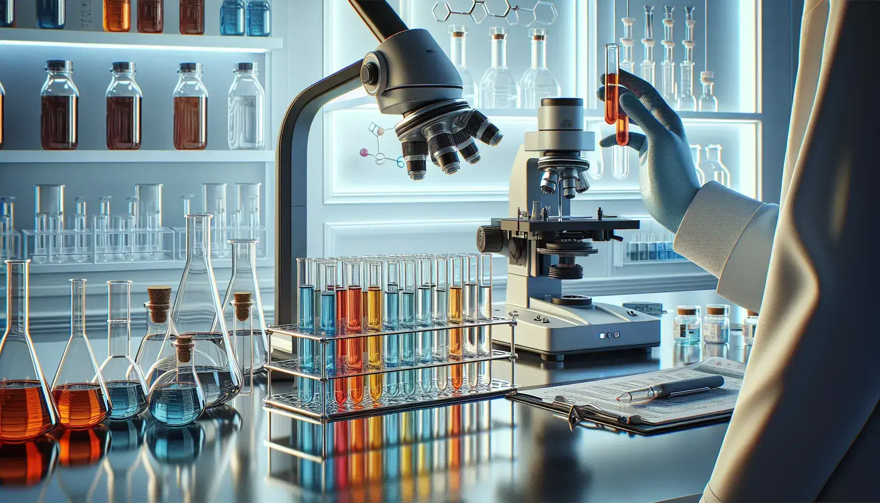 Laboratorio scientifico moderno con microscopio elettronico, provette colorate e braccio con guanti che tiene una provetta ambrata.