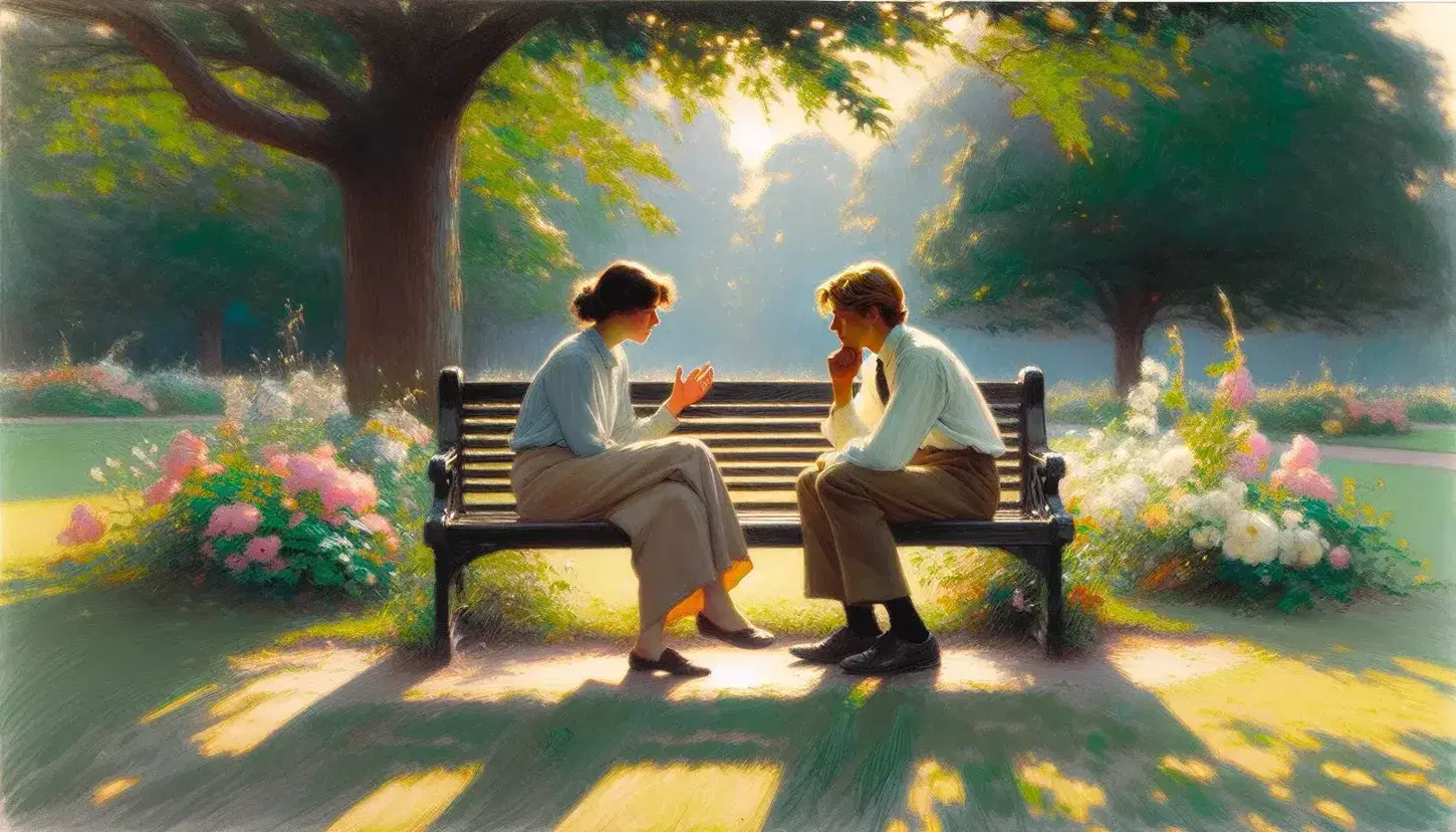 Dos personas conversando sentadas en un banco de parque bajo un cielo despejado, rodeadas de árboles y flores coloridas.