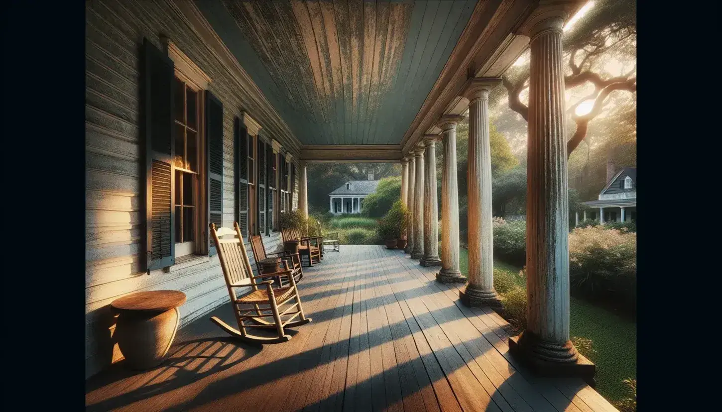 Weathered wooden porch with white columns and rocking chair, bathed in golden afternoon light, overlooking a lush garden at an old Southern house.