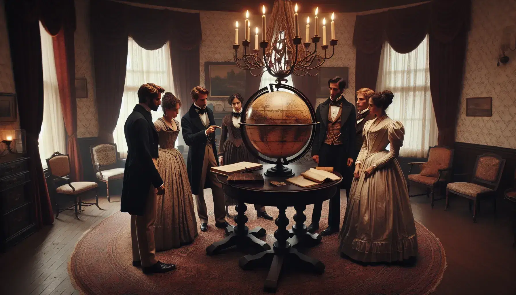 Grupo de cinco personas en atuendos del siglo XIX discutiendo alrededor de una mesa redonda con un globo terráqueo antiguo, bajo un candelabro de hierro forjado.
