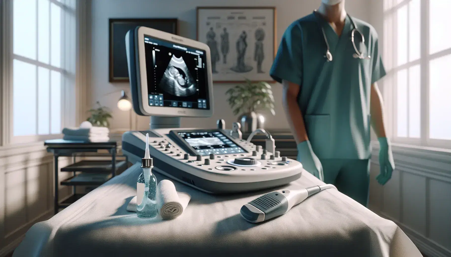 Modern ultrasound machine with large screen and attached transducer probe on examination table, next to medical professional in teal scrubs and a steel cart with supplies.