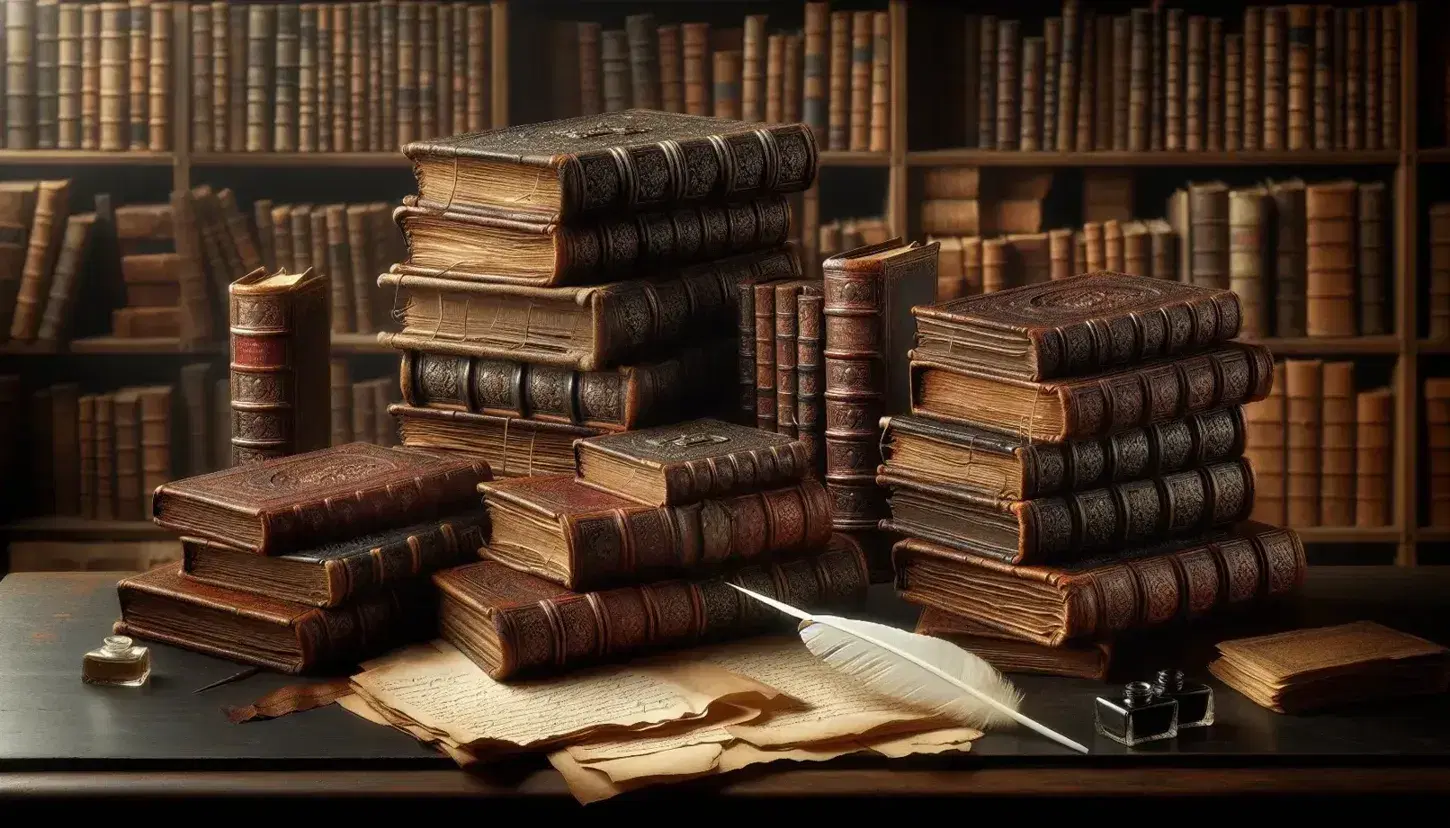 Libri antichi impilati su tavolo in legno scuro con penna d'oca e calamaio, sfondo sfocato di libreria, illuminazione calda.