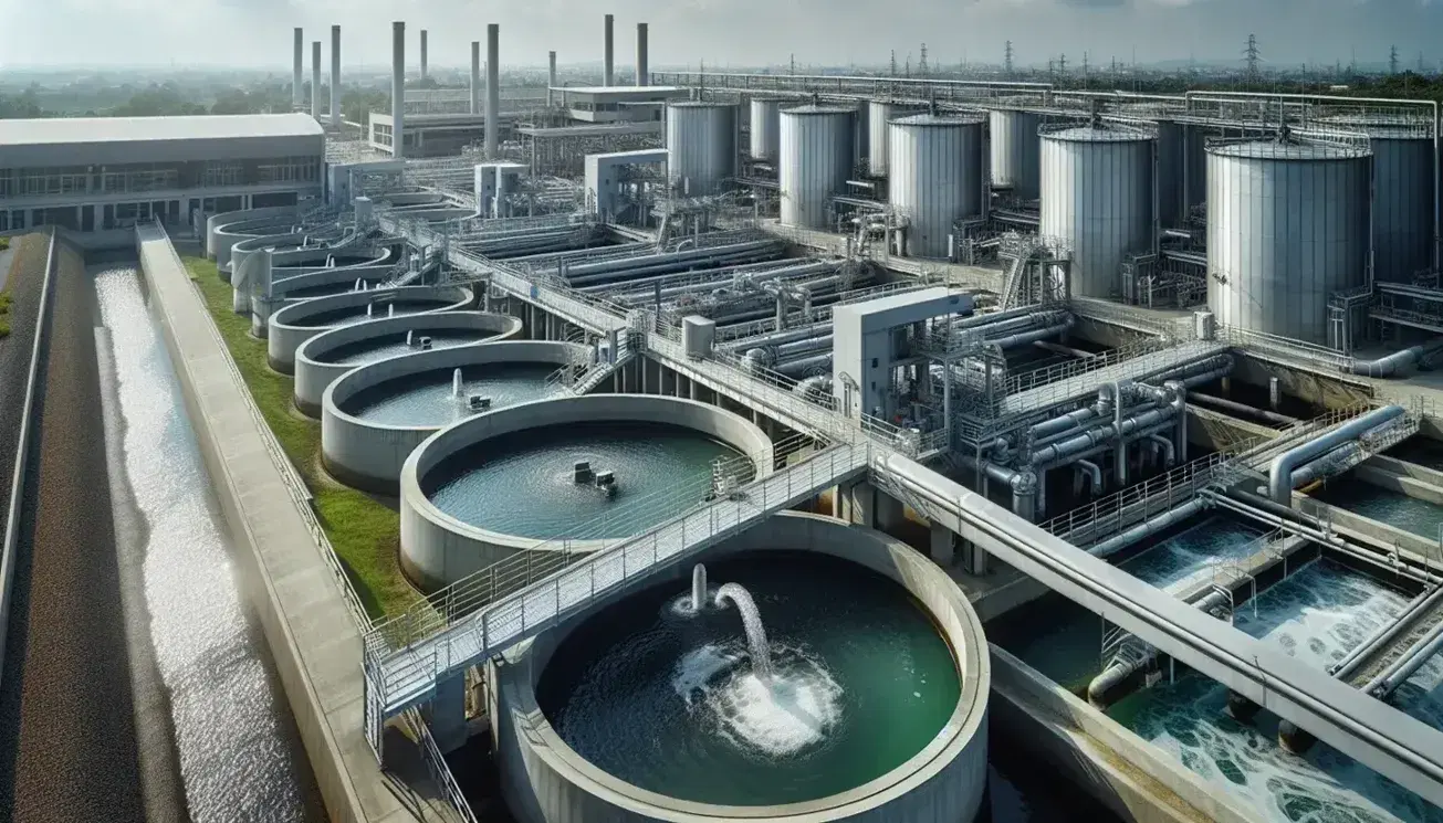 Planta de tratamiento de aguas residuales al aire libre con tanques de sedimentación, pasarela metálica y estructuras industriales en un día claro.